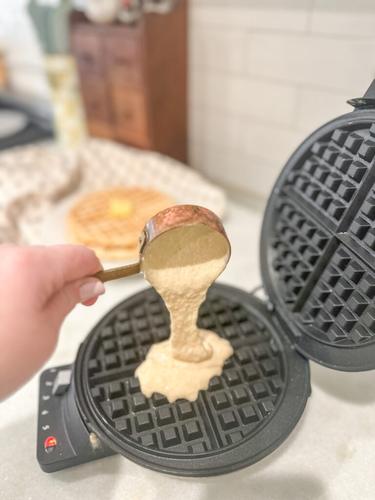 pouring waffle batter