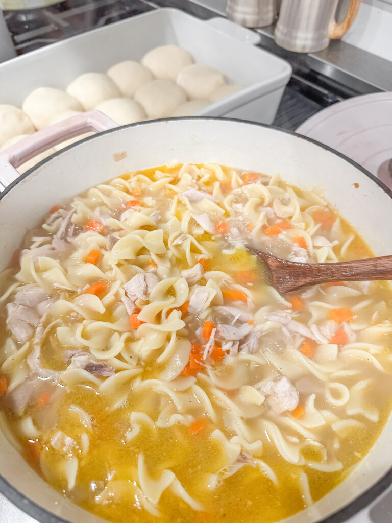 dutch oven of chicken noodle soup
