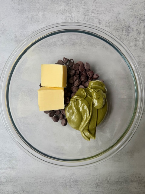 Chocolate, Pistachio Cream and butter in glass bowl