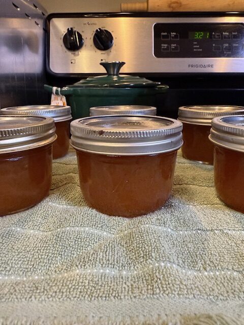 Pulling pear jam out of canner