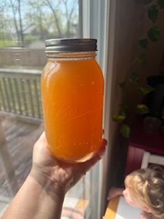 Hand holding jar of chicken bone broth