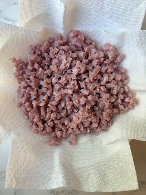 Diced Ham draining on paper towels