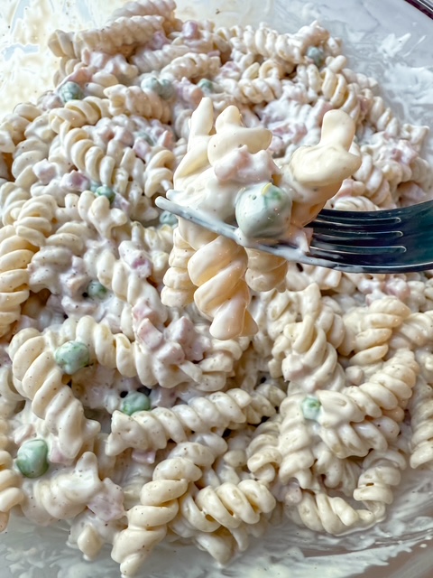 ranch pasta salad on fork