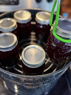 Placing cherry limemade concentrate into water bath canner