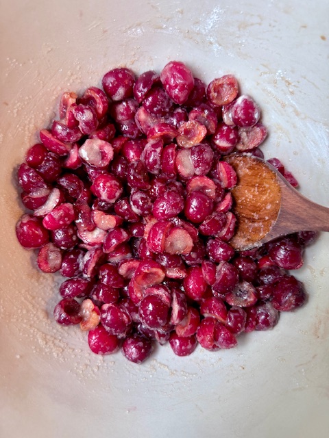 cherries in mixing bowl