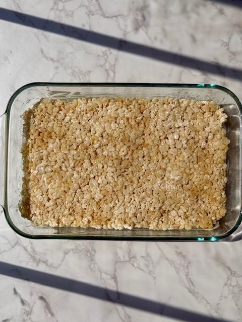 Rice Krispie Treats in glass baking dish