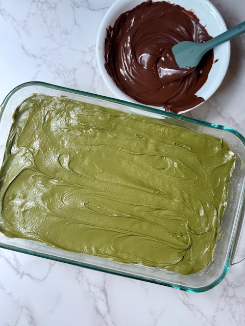Pistachio Cream rice krispies with bowl of melted chocolate