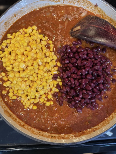 Corn and Black Beans added to taco skillet