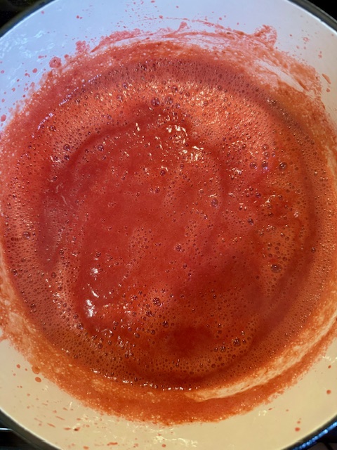 pureed strawberries in dutch oven